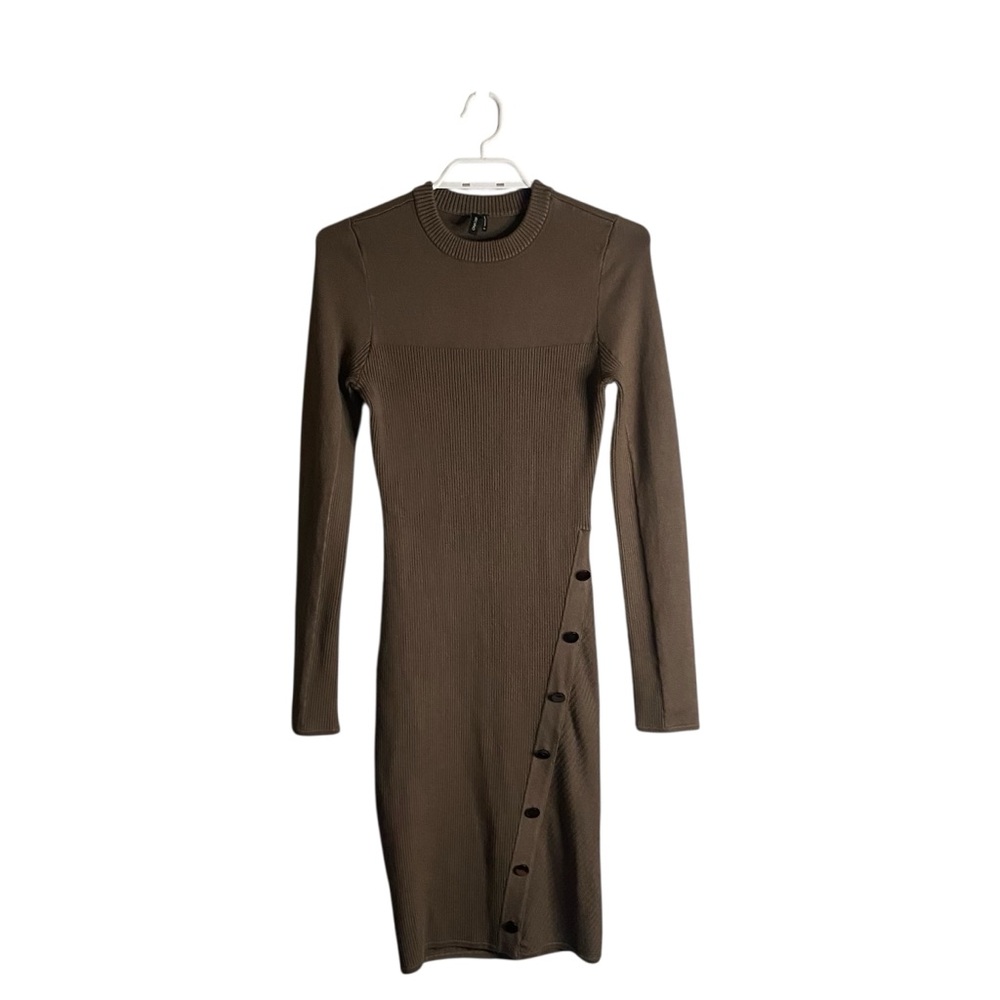 Marciano Women's Dark Tan Ribbed Long Sleeve Button-Detail Bodycon Dress